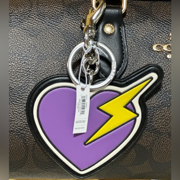 NWT COACH Heart & Bolt Silver Tone Bag Charm Or Key Ring Purple Black Yellow - Picture 8 of 8